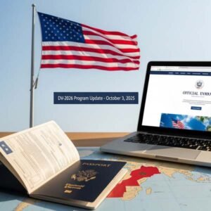 American flag and U.S. passport on a world map with a laptop showing an official website, symbolizing the 2026 Diversity Visa program update.