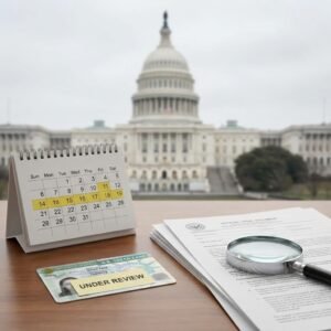 بطاقة جرين كارد أمريكية مختومة بختم "معلق" باللون الأحمر مع جواز سفر أمريكي، تعبيراً عن تعليق قرعة أمريكا 2027.