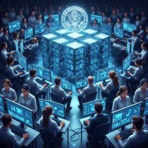 مخطط سير عمل لخوادم وبنية تحتية لموقع قرعة الهجرة الأمريكية مع أيقونات فرق تقنية