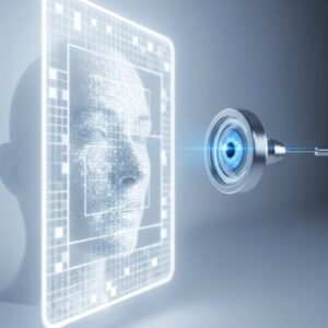 رسم رمزي لعين إلكترونية تنظر إلى صورة شخصية داخل شبكة رقمية، يرمز لتحليل الصور بواسطة الخوارزميات