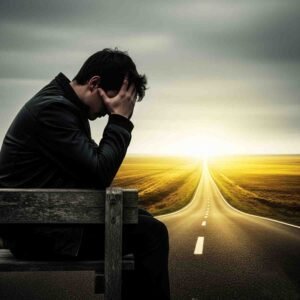 شاب محبط يجلس على مقعد، وخلفه طريق مشرق يرمز للأمل والفرص المستقبلية.